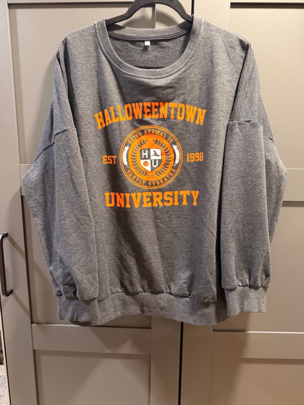 Amazon Gray Crewneck Sweatshirt with Orange Halloweentown University Print